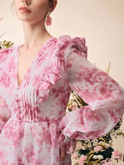  Anewsta Summer Vacation Outfit Pink Romantic Jacquard Print Ruffle Waist Flare Elegant Dress For Women