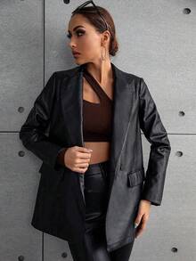 SHEIN ChicEase Blazer de cuello pico PU - Negro - Ver 3