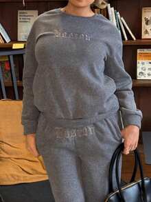 Bethéva 女士复古字母刺绣保暖宽松卫衣和运动裤两件套，深灰色，秋冬款 - 深灰色 - 查看 6