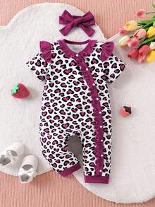 SHEIN 2件套婴儿男女通用婴儿幼儿新生儿0-3岁情人节爱心图案荷叶边装饰按扣连体衣和红色发带套装，春夏款，适合新年、情人节、生日派对、节日、拍照、新生儿连体衣、男女通用连体衣 - 紫羅蘭色 - 查看 9