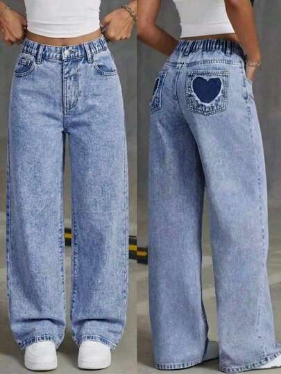 SHEIN ChillGRL Quần jeans nữ kiểu dáng thường ngày, hàng mới về cho mọi mùa, phong cách học viện thời trang, màu xanh denim trung bình, túi họa tiết trái tim, cạp chun, ống rộng thẳng, chất liệu denim cotton thoải mái, đa năng cho mặc hàng ngày, đi nghỉ mát, đi học, dã ngoại, dự tiệc và nhiều dịp khác.