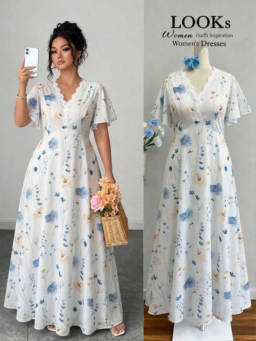 Elenzga Robe courte à manches courtes pour femmes grandes tailles, col en V, patchwork en dentelle, imprimé floral, taille ajustée et évasée, style navette, printemps/été - Bleu et Blanc - Voir 1