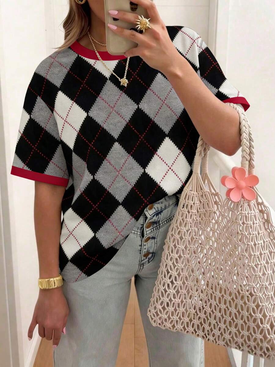 EMERY ROSE 女士休闲菱形印花撞色滚边圆领短袖T恤，夏季 - 彩色 - 查看 1