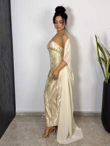 Vassilux 2025春夏高端极简蓝抹胸白披肩领连衣裙 - 黃色 - 查看 3