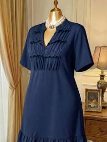 Rometta Plus Size Women Solid Color Casual V-Neck Ruched Cut-Out Midi Dress - Navy Blue - View 4