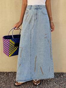 DAZY Distressed Print Loose A-Line Maxi Denim Skirt, Casual Summer Vacation For Women - Blue - View 7