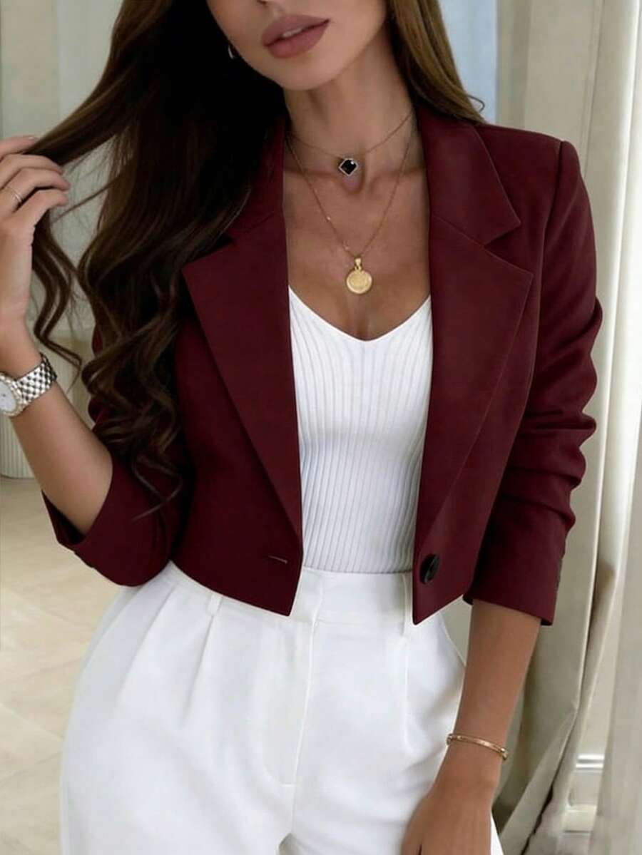 Rafferiza 女款短袖西裝外套,商務休閒極簡風,春夏款,適合嬌小女性 - 酒紅色 - 查看 1