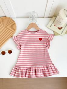 Tween Girl Pink And White Striped Knit Crew Neck Casual Dress, Summer Cute Back-To-School School Fashionable, Versatile For Party, Vacation, Tween Girl Dress - Pink - View 8