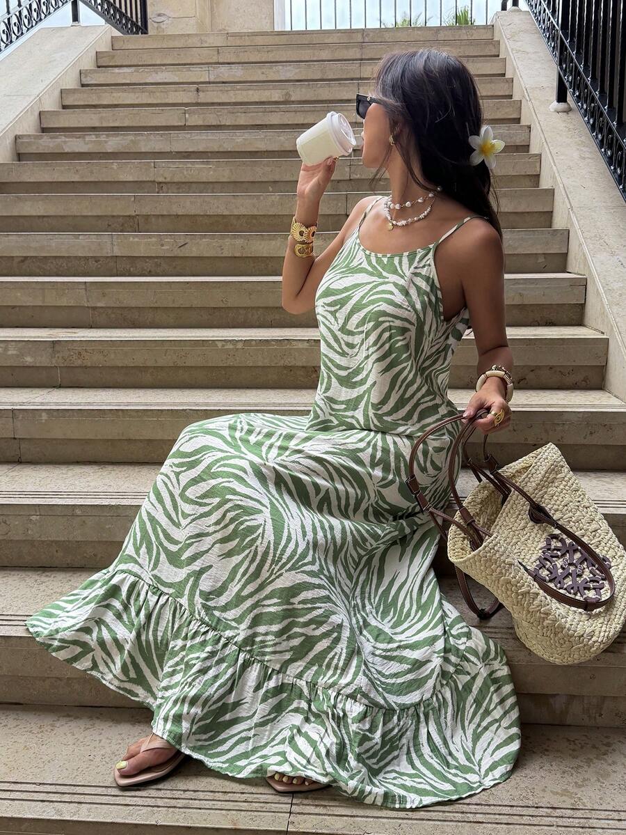 Pariaura Đầm maxi hai dây kiểu Pháp họa tiết da báo xanh trắng, dáng rộng, bồng bềnh với viền xếp ly, thích hợp mặc hàng ngày. - màu xanh lá - Xem 1