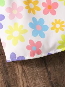 女童碎花印花方领荷叶袖T恤和迷你裙可爱套装 - 彩色 - 查看 6