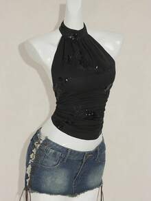 SHEIN ICON Áo croptop nữ cổ yếm không tay ôm sát, vạt bất đối xứng, đính cườm và thêu họa tiết, phong cách Y2K gợi cảm, thích hợp cho mùa Thu/Đông. - màu đen - Xem 7