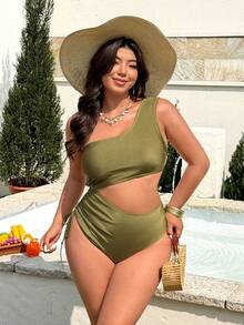 Swim Vcay 2026 New Spring/Summer Solid Color Dopamine Green One-Piece Ruched Slimming Beach Party Swimsuit For Women - Green - View 4
