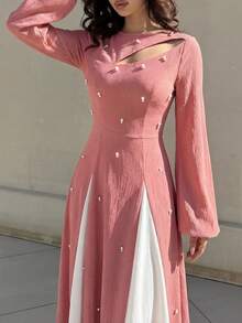 Modelyn 女士优雅双色拼接泡泡珠镂空腰A字连衣裙长款女装晚礼服 - 紅色 - 查看 7