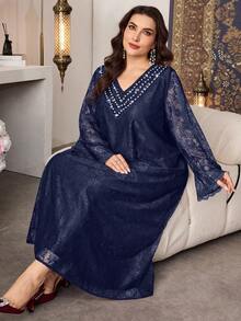Al Najma Plus Size Women's Lace Fabric Beaded Collar Elegant Dress, Spring/Summer - Navy Blue - View 7
