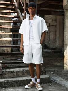 PAVTROS Men's White Short Sleeve Button-Front Shirt And Drawstring Waist Shorts Set,2 Piece Summer Vacation Outfits,Streetwear Co Ord Set Men Clothes - White - View 4