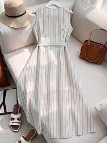 Franclia 女士条纹单排扣无袖休闲优雅浪漫连衣裙 - 彩色 - 查看 2