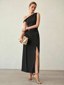 MOTF PREMIUM ELEGANT ASYMMETRICAL NECK RUCHED TWIST LONG DRESS, SPRING/SUMMER - Black - View 4