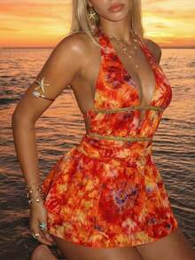 Sundraya Women's Tie-Dye Print Deep V-Neck Sexy Halter Mini Dress, Vacation - Yellow - View 7