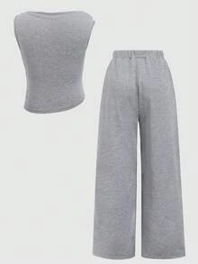Firerie Kids Firerie Kids Tween Girl Casual Asymmetric Hem Fitted Knit Top And Straight Leg Pants Set, Heather Gray, Spring/Summer Gray Outfit For Girl Two Piece Pants Set Grey Girls Two Piece Gray Two Piece Set Casual Two Piece Set - Light Grey - View 3