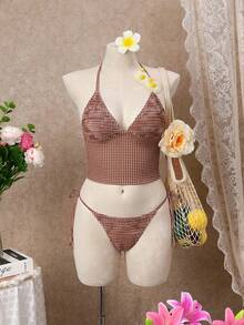 Swim Mod Bộ đồ đi biển thời trang dễ thương, gợi cảm dành cho nữ, gồm áo vest hở lưng kẻ caro và quần bikini buộc dây bên hông, thích hợp cho bãi biển, hồ bơi và tiệc tùng. - Nhiều màu - Xem 3