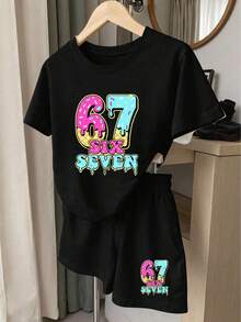 2件套女童休闲时尚67数字设计黑色短袖T恤和短裤套装，可爱印花圆领T恤和短裤，舒适的夏秋季日常穿着套装 - 黑色 - 查看 3