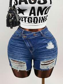 Mistrie Women's Casual Pocketed Button Distressed Denim Shorts, Versatile For Daily Wear Work Shorts Work Shorts For Women Y2k Summer Clothes Y2k Low Rise Jeans Xrlq9 Ladies Clothes - Blue - View 7