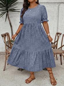 SHEIN CURVE+ Đầm nữ cỡ lớn in họa tiết da báo, cổ tròn, tay ngắn, eo xếp ly, dáng chữ A, kiểu dáng thường ngày, phong cách phương Tây, đi biển, bohemian. - Màu xanh hải quân - Xem 7