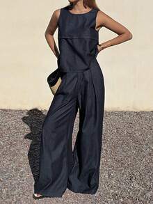 DAZY Western Cowgirl Denim Top And Wide Leg Pants Vacation Outfit For Women, Spring/Autumn - Blue - View 6