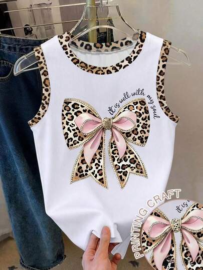 1pc Girls' Casual Fashionable Leopard Print Pink Bow Tie Vest, Minimalist Round Neck Comfortable Basic Tank Top Suitable For Spring, Summer, Autumn, White, Daily Wear