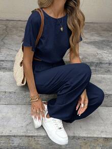 Serisse Batwing Sleeve Crop Top & Drawstring Waist Pants Textured Fabric Two Pieces - Navy Blue - View 8