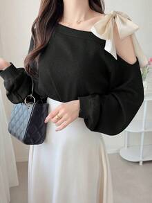 FRIFUL Áo thun dài tay nữ kiểu dáng casual phối màu tương phản, thiết kế xoắn vai, thích hợp mặc mùa hè. - màu đen - Xem 5