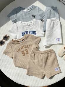 SHEIN 6件套男婴/男女通用夏季休闲运动纹理面料T恤短裤套装，基础款多件套，男婴运动服 - 彩色 - 查看 3