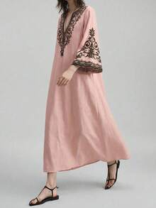 Ontre 2025新款女士夏季长裙，纯色，时尚，适合夏季穿着。黑色刺绣图案，波西米亚风格，喇叭袖，燕麦色宽松舒适长裙，V领，适合派对、度假、海岛度假村、音乐节等夏季场合。 - 粉色 - 查看 7