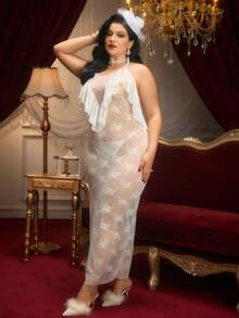 PinupPomp Plus Size White Lace Halter Sleeveless Slip Dress Gorgeous Vintage Midi Sheer Lingerie For Women Bridal Elegant Nightwear - White - View 5