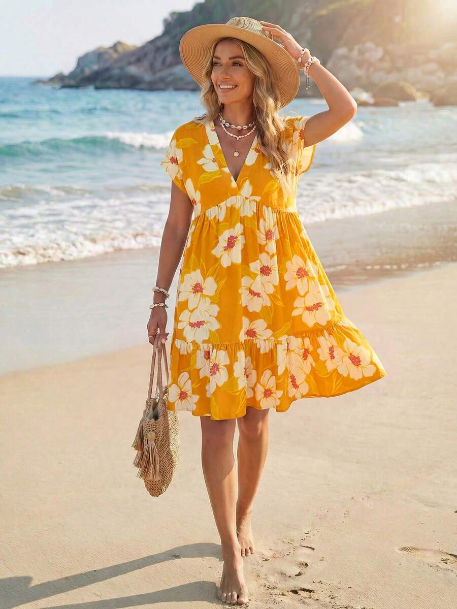 Sylviya Women's Floral Print V-Neck Casual Elegant Tropical Vacation Date Beach Vacation Outing Short Dress,Summer Dresses For Women Golden Yellow - Orange - View 1
