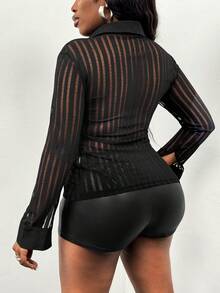Glyssa Women's Black Striped Semi-Sheer Collared Button-Up Waist Cinching Casual Minimalist Sexy Alluring Sensual Valentine's Day Party Outfit Black Shirt - Black - View 2