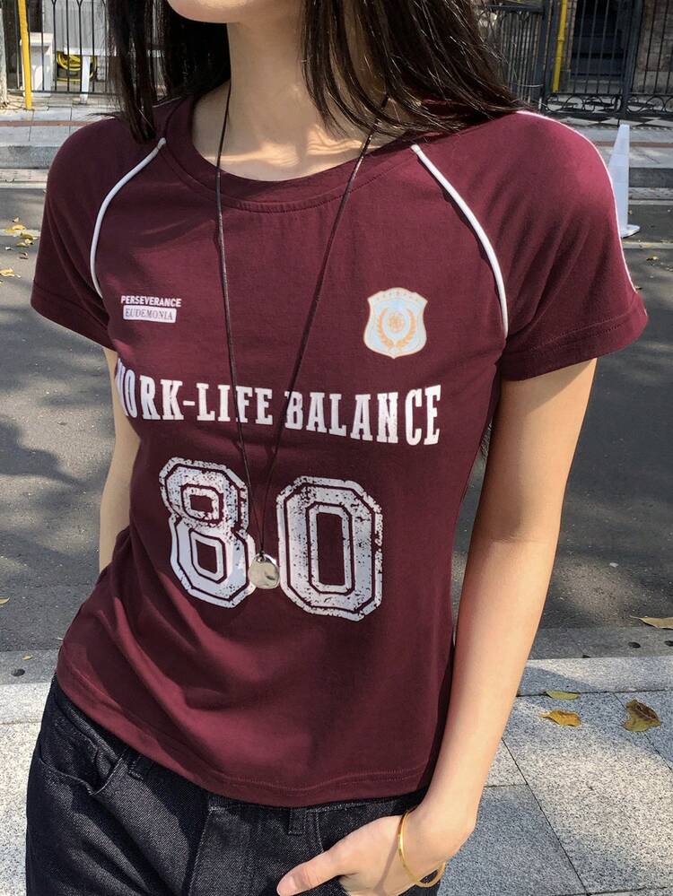 Women's Summer Round Neck Short Sleeve Raglan Letter Print Casual Street Style Red T-Shirt Graphic Tees Women