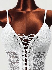 Mistrie 2026 New Sexy Lace Sleeveless Mini Dress; Deep V Cross Straps Front Pleated Hemline Slim Pleated Skirt Suitable For Dating, Music Festivals Parties, Weddings - White - View 5