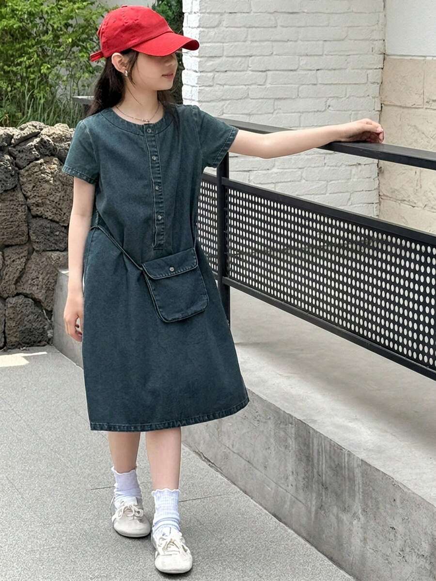 Dazy Kids Đầm denim không tay cổ tròn cho bé gái, mùa hè - Rửa tối - Xem 1