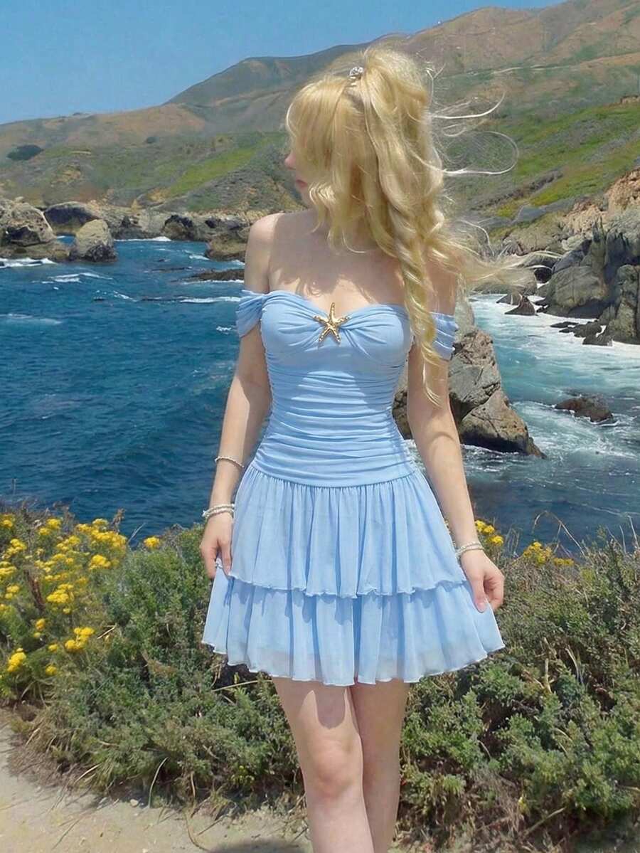 SHEIN MOD 女士针织网纱露肩修身迷你连衣裙，浅蓝色连衣裙 - 淺藍色 - 查看 1