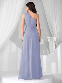 Coutiva 新款时尚优雅修身不对称肩连衣裙 - 藍色 - 查看 2