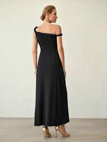 MOTF PREMIUM ELEGANT ASYMMETRICAL NECK RUCHED TWIST LONG DRESS, SPRING/SUMMER - Black - View 3