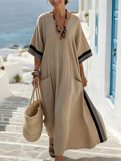 Breezaya V-Neck Raglan Sleeve Striped Print Pocket Loose Casual Dress For Women, Suitable For Commuting, Romantic Vacation, Beach, Outdoor, Leisure Travel Kaftan Summer Dresses Resort Wear Women Vacation Dress Causal Dresses For Women Summer Pure Cotton Dress Women Summer Outfit For Women Beachwear Dress
