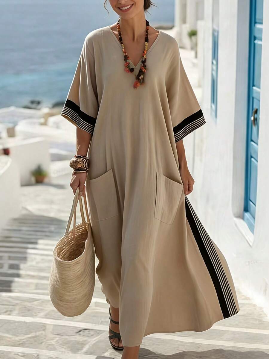 Breezaya Đầm Kaftan tay raglan cổ chữ V in sọc, có túi, dáng rộng, thích hợp cho nữ đi làm, kỳ nghỉ lãng mạn, đi biển, hoạt động ngoài trời, du lịch giải trí. Đầm Kaftan mùa hè, trang phục nghỉ dưỡng, đầm đi nghỉ mát, đầm thường ngày cho nữ, đầm mùa hè, trang phục mùa hè cho nữ, đầm đi biển, đầm dáng rộng cho nữ, đầm Zanea cho nữ, trang phục đi biển mùa hè ở Hy Lạp, đầm đi biển mùa hè cho nữ, đầm Kaftan mùa hè đi biển. - Màu be - Xem 1