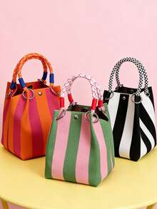 Joivida 1 pezzo Borsa a tracolla lavorata a maglia a righe, con grande capacità, adatta per le donne. Può essere utilizzata come borsa per il pendolarismo o come borsa da viaggio. È adatta per i viaggi. - Multicolore - Visualizzare 8