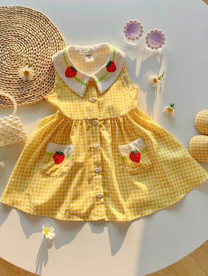 Baby Girl Summer Cute Yellow Plaid Strawberry Pattern Peter Pan Collar Dress