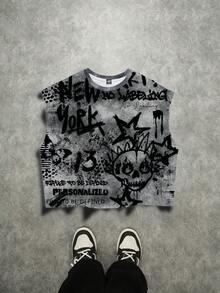 Manfinity ZONE917 男士街头骷髅数码印花露脐背心 - 彩色 - 查看 1