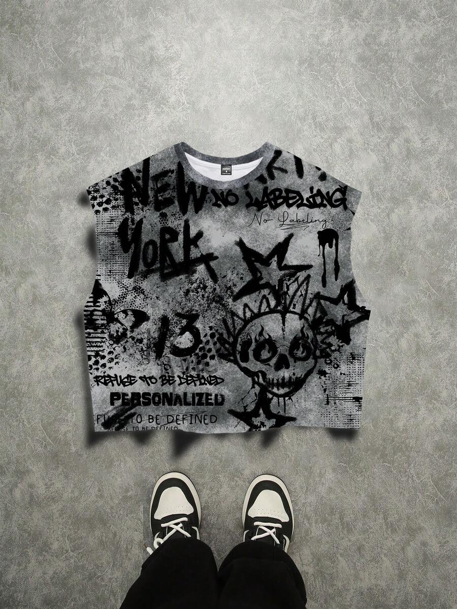 Manfinity ZONE917 男士街头骷髅数码印花露脐背心 - 彩色 - 查看 1