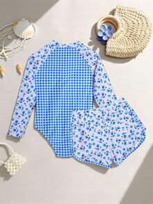 SHEIN New Fashion Girls Printed Patchwork Swimsuit Set - Blue - View 2