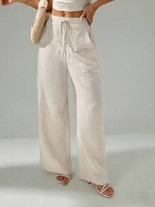 SHEIN PETITE 女士纯色亚麻系带阔腿口袋纹理通勤裤复古风格亚麻裤宽松夏季女装沙滩度假装女裤 - 杏色 - 查看 4